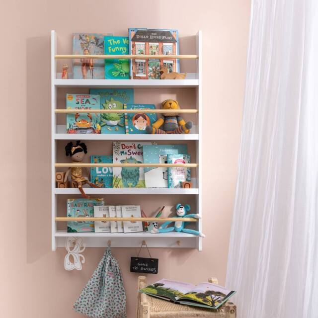 Nöa and Nani Elene Display Wide & Large Shelf Bookcase Wall Mounted & 4 Coathooks in White - image 1