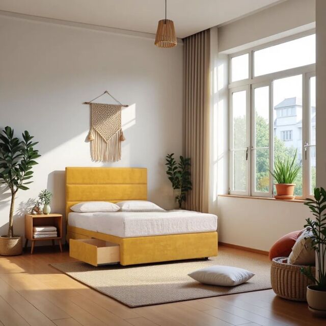 "Knight Sleep York Plush Bed With Mattress 2 Drawers & 54"" Floor Standing Headboard in Mustard - Size: Super King" - image 1