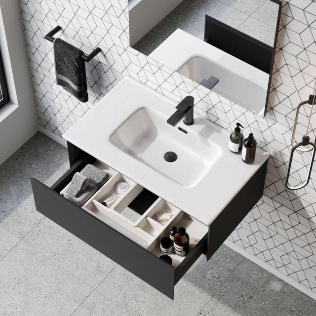Banyetti Kameo 800mm WallHung 1 Drawer Vanity Unit with Athena Basin-Matt Black - image 1