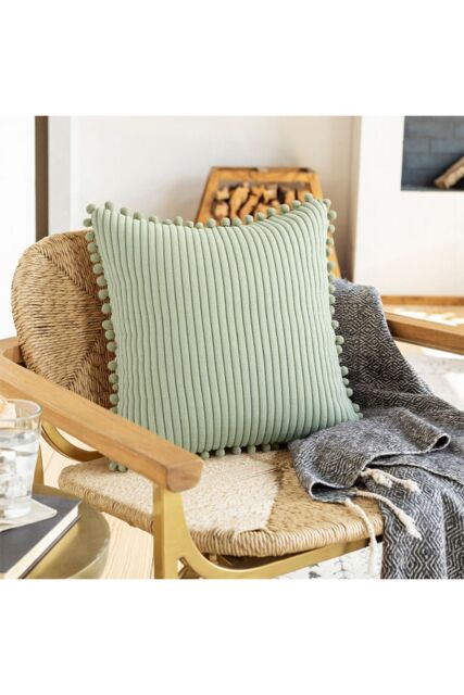 Living and Home Polyester Cushion Cover with Pom-Pom Trim in Green - image 1