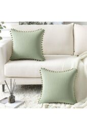 Living and Home Polyester Cushion Cover with Pom-Pom Trim in Green - thumbnail 4