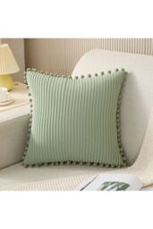 Living and Home Polyester Cushion Cover with Pom-Pom Trim in Green - thumbnail 3