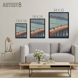 "Artery8 Evening Shower Ohashi Bridge Framed Canvas Wall Art Print Hiroshige in Blue - Size: W12"" x H16""" - thumbnail 4