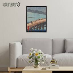 "Artery8 Evening Shower Ohashi Bridge Framed Canvas Wall Art Print Hiroshige in Blue - Size: W12"" x H16""" - thumbnail 3