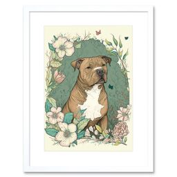 "Artery8 Wall Art Print Brown Staffordshire Bull Terrier & Flowers Modern Pastel Boho Artwork Framed 9X7 Inch in White - Size: W7"" x H9""" - thumbnail 1