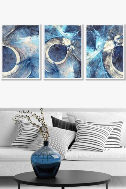 ARTZE Set of 3 White Framed Abstract Blue & Cream Mixed Media Fractal Wall Art - Size: W53 cm x H73 cm x D20mm - image 1