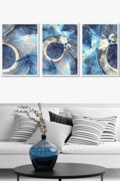 ARTZE Set of 3 White Framed Abstract Blue & Cream Mixed Media Fractal Wall Art - Size: W53 cm x H73 cm x D20mm