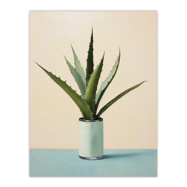 "Wee Blue Coo Wall Art Print Potted Aloe Vera Oil Painting Pastel Colour Pink Blue Green Succulent Cactus Poster - Size: W18"" x H24""" - image 1