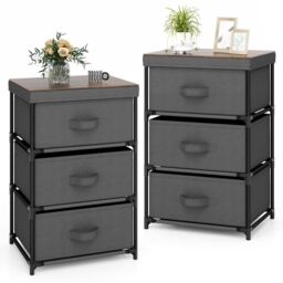Gymax 2 Pack 3-Tier Fabric Dresser Nightstand Organizer Unit With 3 Drawers in Grey - thumbnail 1