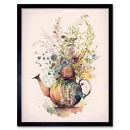 "Artery8 Wall Art Print Wildflower Floral Spring Bouquet in a Teapot Vase Art Framed in Black - Size: W12"" x H16""" - thumbnail 1
