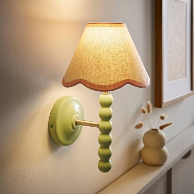 ValueLights Bobbins Sage Green Wall Light with Linen Trim Lamp Shade & LED Bulb in Pale Pink - image 1