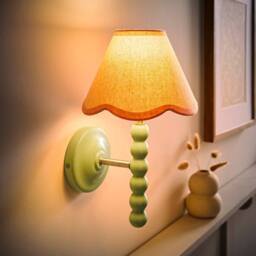 ValueLights Bobbins Sage Green Wall Light with Linen Trim Lamp Shade & LED Bulb in Pale Pink - thumbnail 2