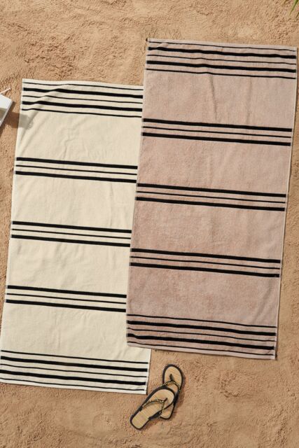 Catherine Lansfield 'Banded Stripe' Cotton Beach Towel Pair in Cream - image 1