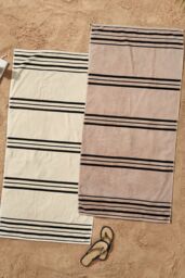 Catherine Lansfield 'Banded Stripe' Cotton Beach Towel Pair in Cream - thumbnail 1