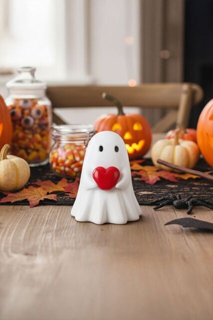 Living and Home Mini Halloween Ghost Figurine Holding Red Heart Cute Resin Ornament for Table, Shelf & Windowsill in White - image 1