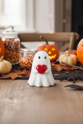 Living and Home Mini Halloween Ghost Figurine Holding Red Heart Cute Resin Ornament for Table, Shelf & Windowsill in White