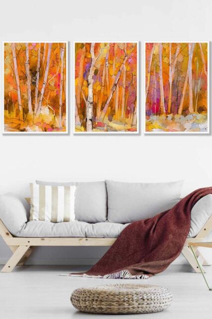 ARTZE Set of 3 White Framed Abstract Autumn Trees in Orange Wall Art - Size: W45 cm x H62 cm x D20mm - image 1