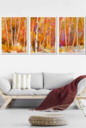 ARTZE Set of 3 White Framed Abstract Autumn Trees in Orange Wall Art - Size: W45 cm x H62 cm x D20mm