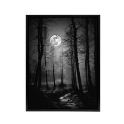 "Artery8 Full Moon Over Misty Forest Landscape Framed Canvas Wall Art Print in Grey - Size: W18"" x H24""" - thumbnail 1