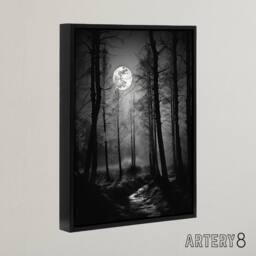 "Artery8 Full Moon Over Misty Forest Landscape Framed Canvas Wall Art Print in Grey - Size: W18"" x H24""" - thumbnail 2