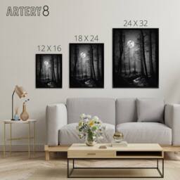"Artery8 Full Moon Over Misty Forest Landscape Framed Canvas Wall Art Print in Grey - Size: W18"" x H24""" - thumbnail 4