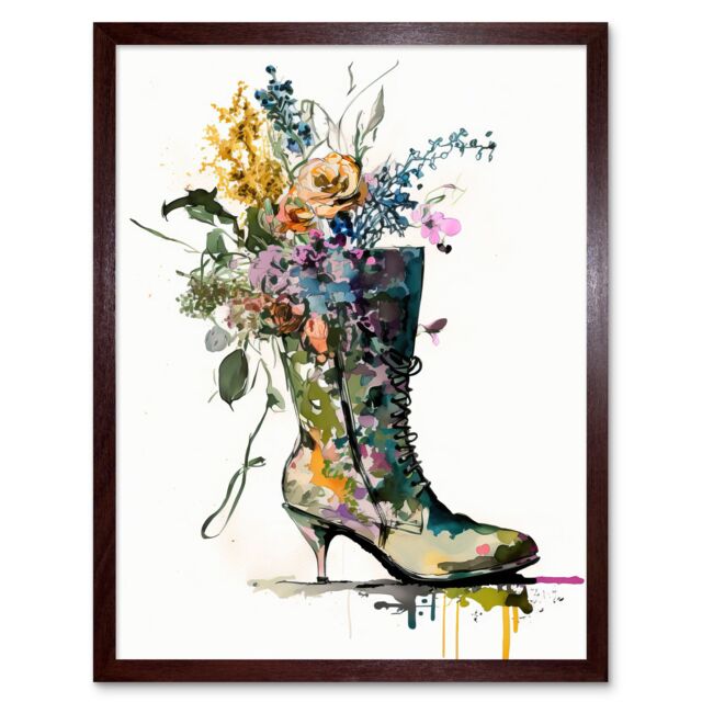 "Artery8 Wall Art Print Spring Flower Bouquet in High Heeled Combat Boot Art Framed in Brown - Size: W12"" x H16""" - image 1