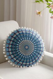 H&O Direct Decorative Ethnic Round Throw Pillow Cover in Blue - Size: 43 cm x 43 cm - thumbnail 1