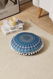 H&O Direct Decorative Ethnic Round Throw Pillow Cover in Blue - Size: 43 cm x 43 cm - thumbnail 4