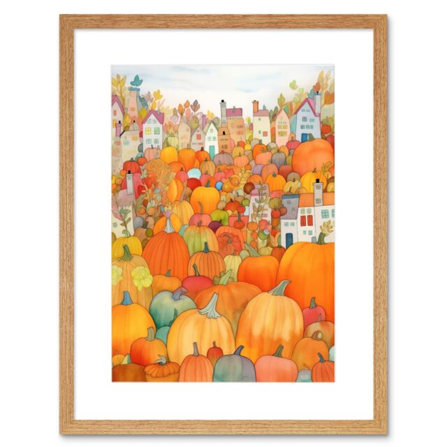 "Artery8 Wall Art Print Halloween Pumpkin Festival Autumn Harvest Modern Folk Art Watercolour Painting Artwork Framed 9X7 Inch - Size: W7"" x H9""" - image 1