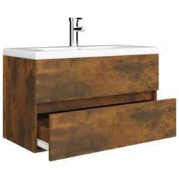 Berkfield Home Sink Cabinet with Built-in Basin Smoked Oak Engineered Wood in Brown - thumbnail 4