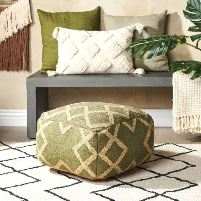 Wyld and Coco Nordic Geometric Jute Wool Pouffe 50 x 50 cm Green-Beige in Green - image 1
