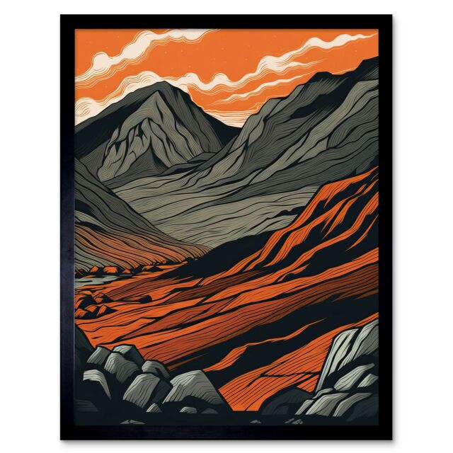 "Artery8 Wall Art Print Scafell Pike Mountain Landscape in Amber & Grey Art Framed in Black - Size: W12"" x H16""" - image 1