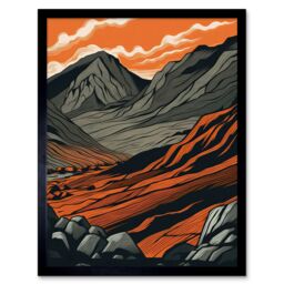 "Artery8 Wall Art Print Scafell Pike Mountain Landscape in Amber & Grey Art Framed in Black - Size: W12"" x H16""" - thumbnail 1