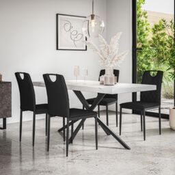 More4Homes Donni Dining Table & Chairs - White Marble Effect Table Top w Black Legs + Monza Faux Leather Dining Chair Set Of 6
