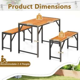 Costway 3-Pieces Patio Dining Set for 4 People Outdoor Picnic Table & 2 Benches in Natural - thumbnail 2
