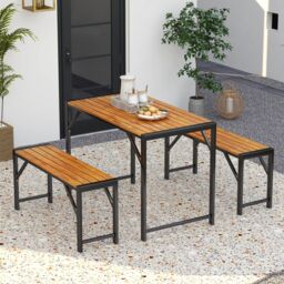 Costway 3-Pieces Patio Dining Set for 4 People Outdoor Picnic Table & 2 Benches in Natural - thumbnail 8