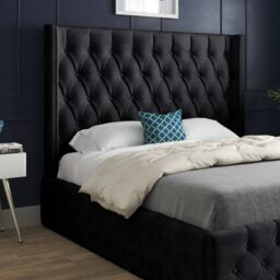 KDMD Turin Straight Winged Upholstered Soft Velvet Black Bed Frame - Size: Small Single - thumbnail 2