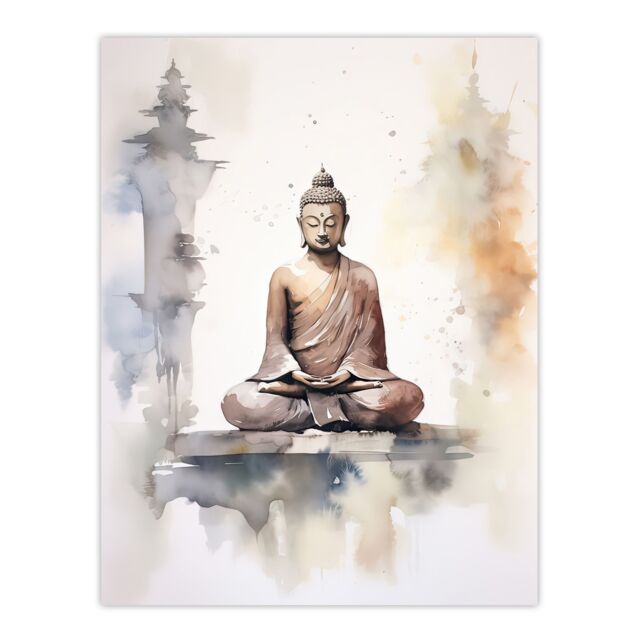 "Artery8 Wall Art Print Buddha Vihara Meditation Prayer Soft Neutral Watercolour Painting Poster in Beige - Size: W18"" x H24""" - image 1