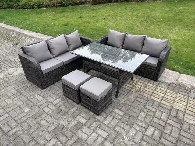 Fimous Rattan Garden Furniture Set Lounge Sofa 3 Seater Sofa Set Outdoor Rectangular Dining Table With 2 Stools 8 Seater in Dark Grey - image 1