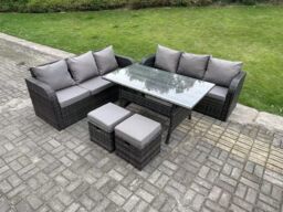 Fimous Rattan Garden Furniture Set Lounge Sofa 3 Seater Sofa Set Outdoor Rectangular Dining Table With 2 Stools 8 Seater in Dark Grey - thumbnail 2