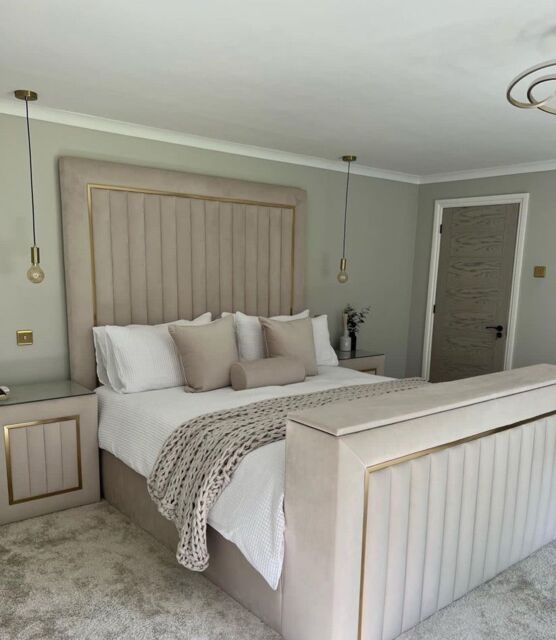 HOB Furniture Royal Linear Tv Bed, Luxury French Velvet - Hb 203 Cm, Ivory in Off-White - Size: Emperor - image 1