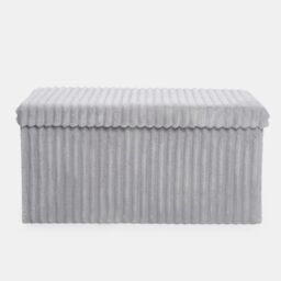 OHS Storage Box Lid Ottoman Folding Ribbed Fleece Footstool Tub in Light Grey - thumbnail 2