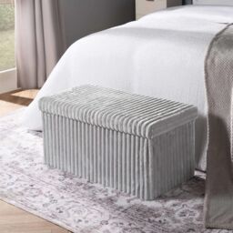 OHS Storage Box Lid Ottoman Folding Ribbed Fleece Footstool Tub in Light Grey