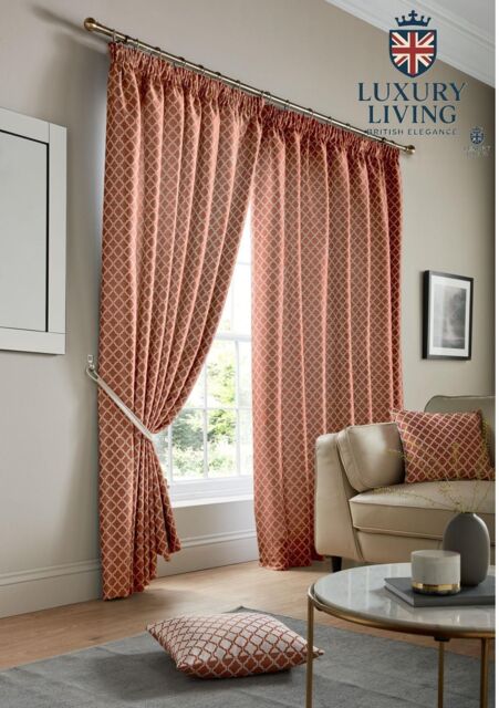 Luxury Living Modern Geometric Two-Tone Jacquard Lined Pencil Pleat Taped Curtains in Terracotta - Size: 117 cm width x 229 cm drop - image 1
