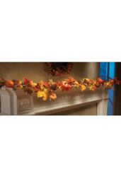 Living and Home 1.8m Autumn Garland with Maple Leaves & Pumpkins, Fall Vine Decoration with 2m LED Lights in Orange - thumbnail 2