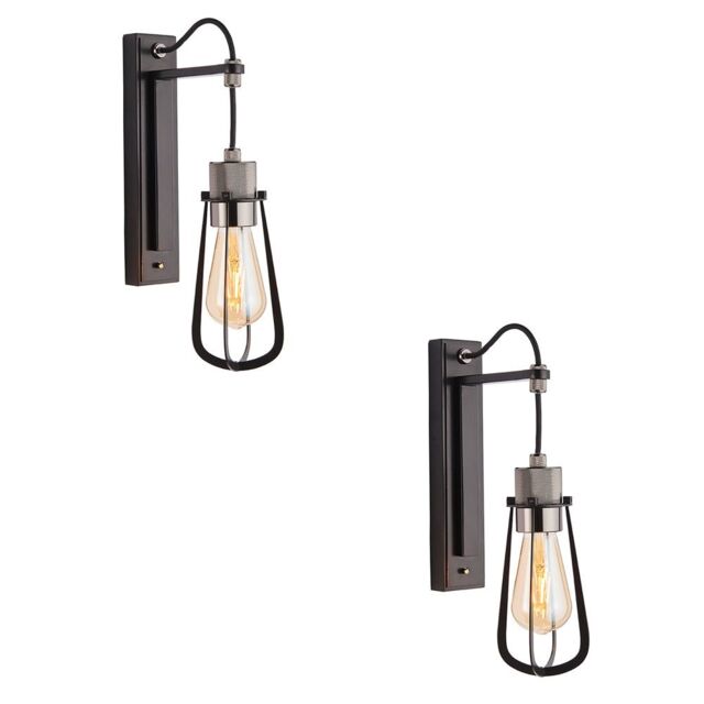 Loops 2 PACK Matt Black Industrial Wall Light - Black Chrome Knurled Lamp Holder - image 1