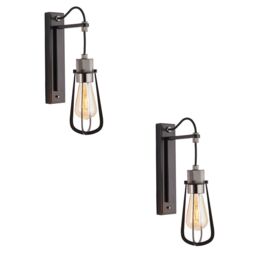 Loops 2 PACK Matt Black Industrial Wall Light - Black Chrome Knurled Lamp Holder - thumbnail 1