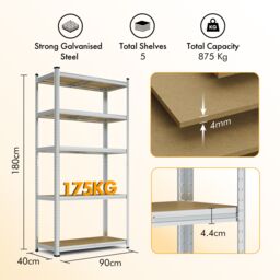 VonHaus 5 Tier Garage Shelving Units in Silver - thumbnail 9