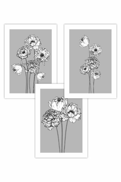 ARTZE Set of 3 Sketch Art Peonies on Grey Art Posters in Mid Grey - Size: W50 cm x H70 cm - image 1
