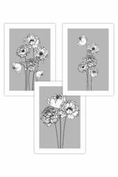 ARTZE Set of 3 Sketch Art Peonies on Grey Art Posters in Mid Grey - Size: W50 cm x H70 cm - thumbnail 1